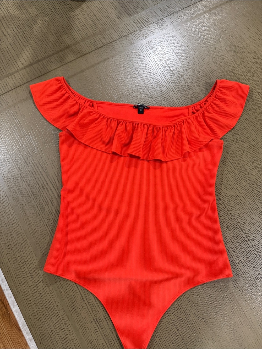 Express Bright Red Off-Shoulder Ruffle Bodysuit